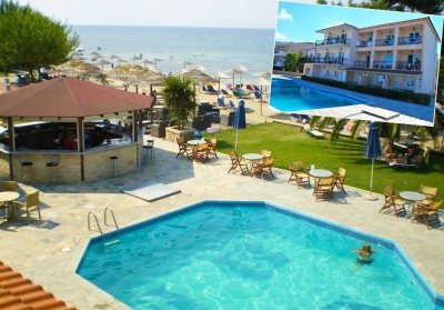 На първа линия на о. Тасос, Гърция: Нощувка на база All Inclusive на човек + басейн, чадър и шезлонг на плажа в хотел Sunrise Beach***