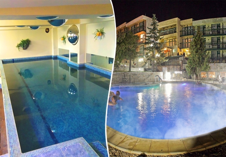 Нощувка за ДВАМА със закуска + външен и вътрешен басейн с гореща минерална вода и сауна от хотел Виталис, Пчелински бани, до Костенец